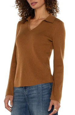 Tees|Sweaters-Liverpool Los Angeles LONG SLEEVE V-NECK COLLARED SWEATER Turmeric
