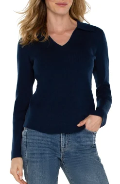 Tees|Sweaters-Liverpool Los Angeles LONG SLEEVE V-NECK COLLARED SWEATER Darknavy