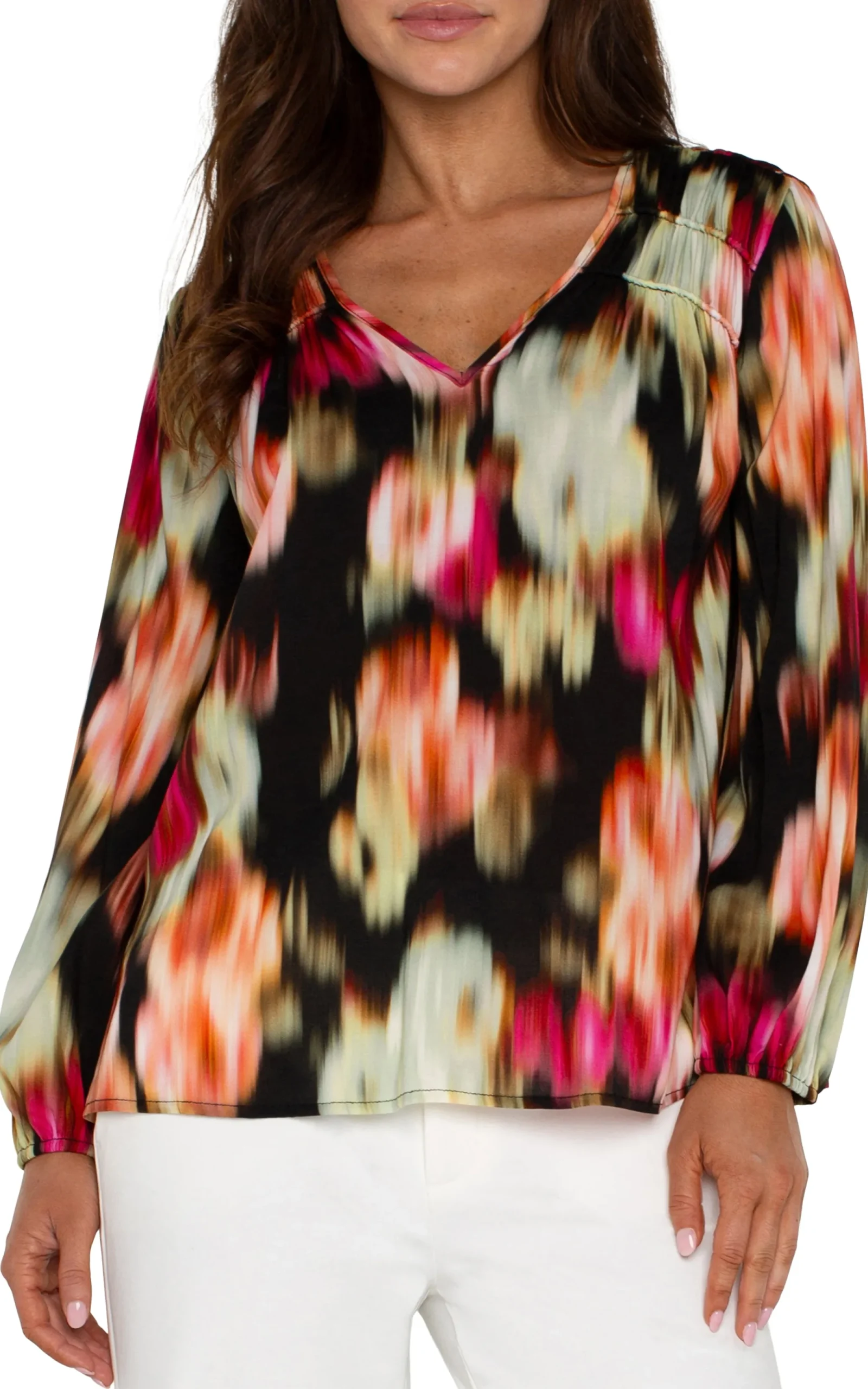 Tops-Liverpool Los Angeles LONG SLEEVE V-NECK SHIRRED WOVEN BLOUSE Starrubyfloral