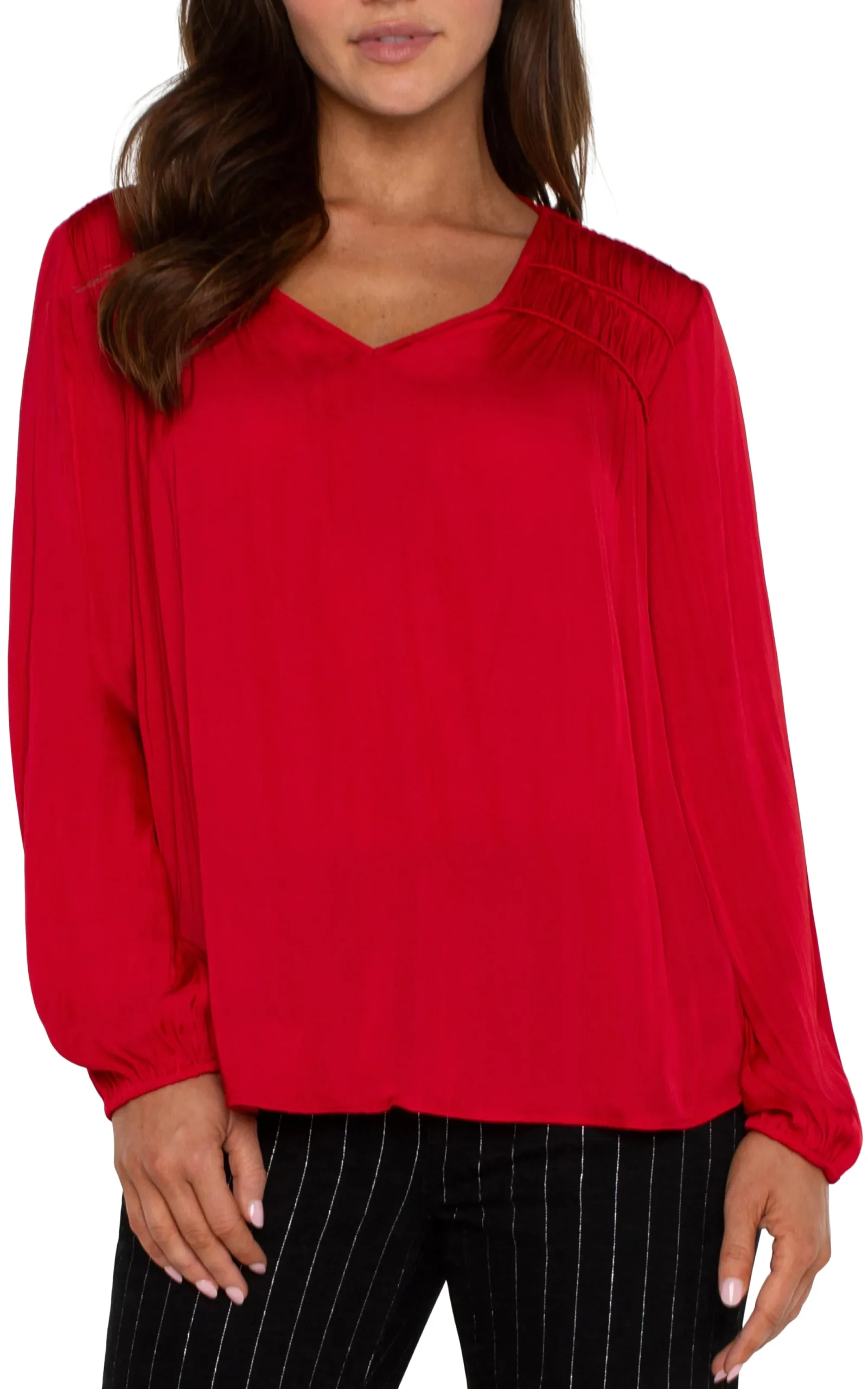Tops-Liverpool Los Angeles LONG SLEEVE V-NECK WOVEN BLOUSE Tangored