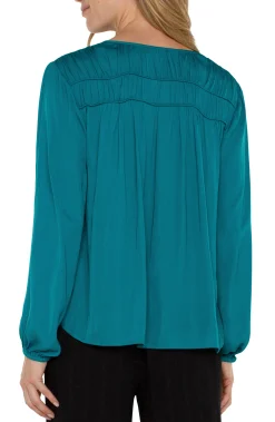Tops-Liverpool Los Angeles LONG SLEEVE V-NECK WOVEN BLOUSE Malachite