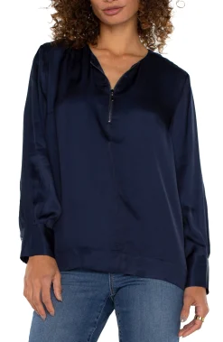 Tops-Liverpool Los Angeles LONG SLEEVE WOVEN TOP WITH ZIP FRONT Darknavy