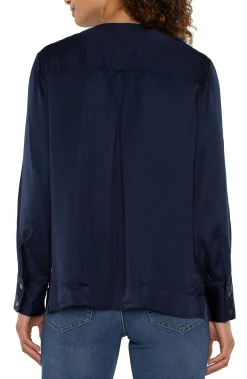 Tops-Liverpool Los Angeles LONG SLEEVE WOVEN TOP WITH ZIP FRONT Darknavy