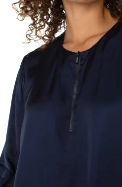 Tops-Liverpool Los Angeles LONG SLEEVE WOVEN TOP WITH ZIP FRONT Darknavy