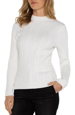 Tees|Sweaters-Liverpool Los Angeles MOCK NECK CABLE SWEATER Porcelain