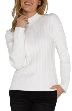 Tees|Sweaters-Liverpool Los Angeles MOCK NECK CABLE SWEATER Porcelain