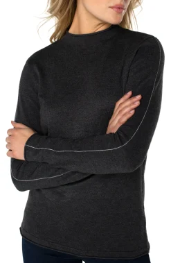 Sweaters-Liverpool Los Angeles MOCK NECK ROLLED HEM LONG SLEEVE SWEATER Charcoalgrey