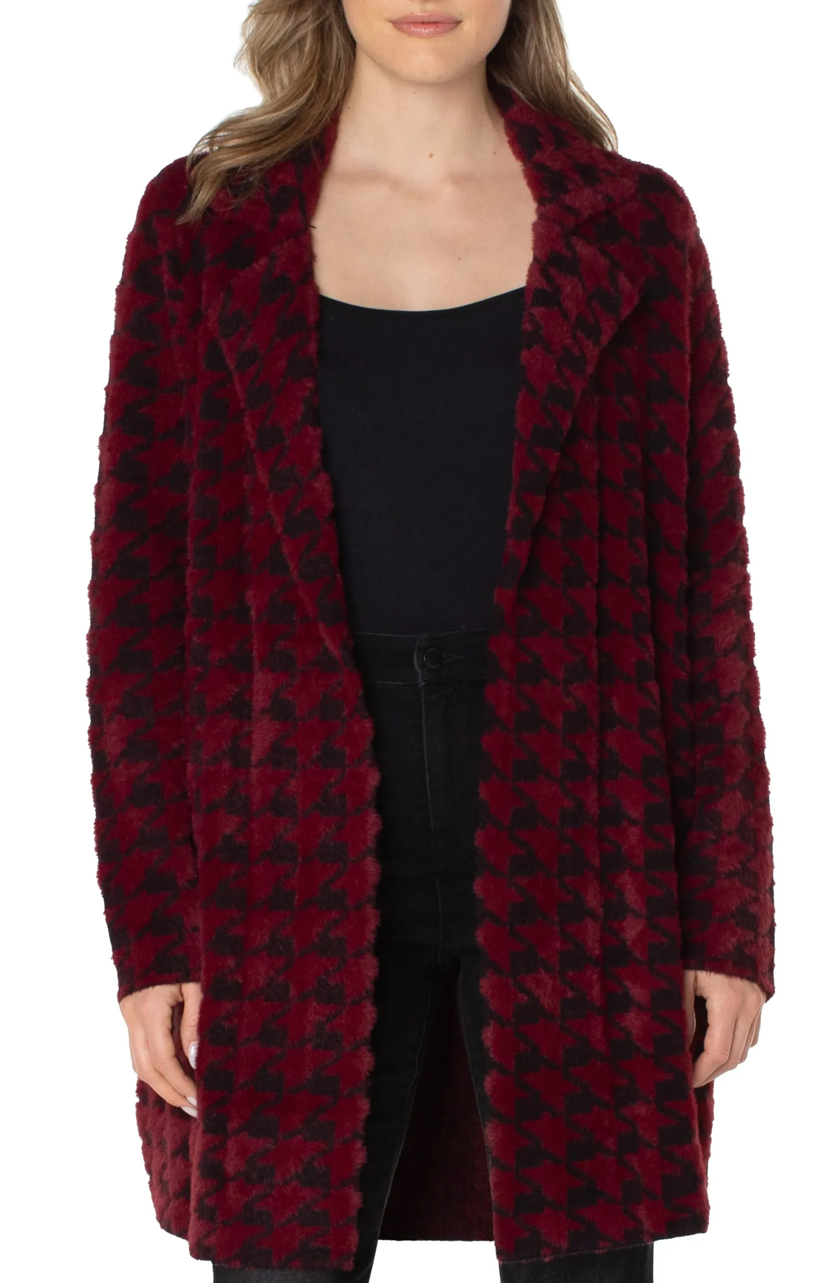 Coatigans-Liverpool Los Angeles OPEN FRONT COATIGAN SWEATER Burgundyblackhoundstooth