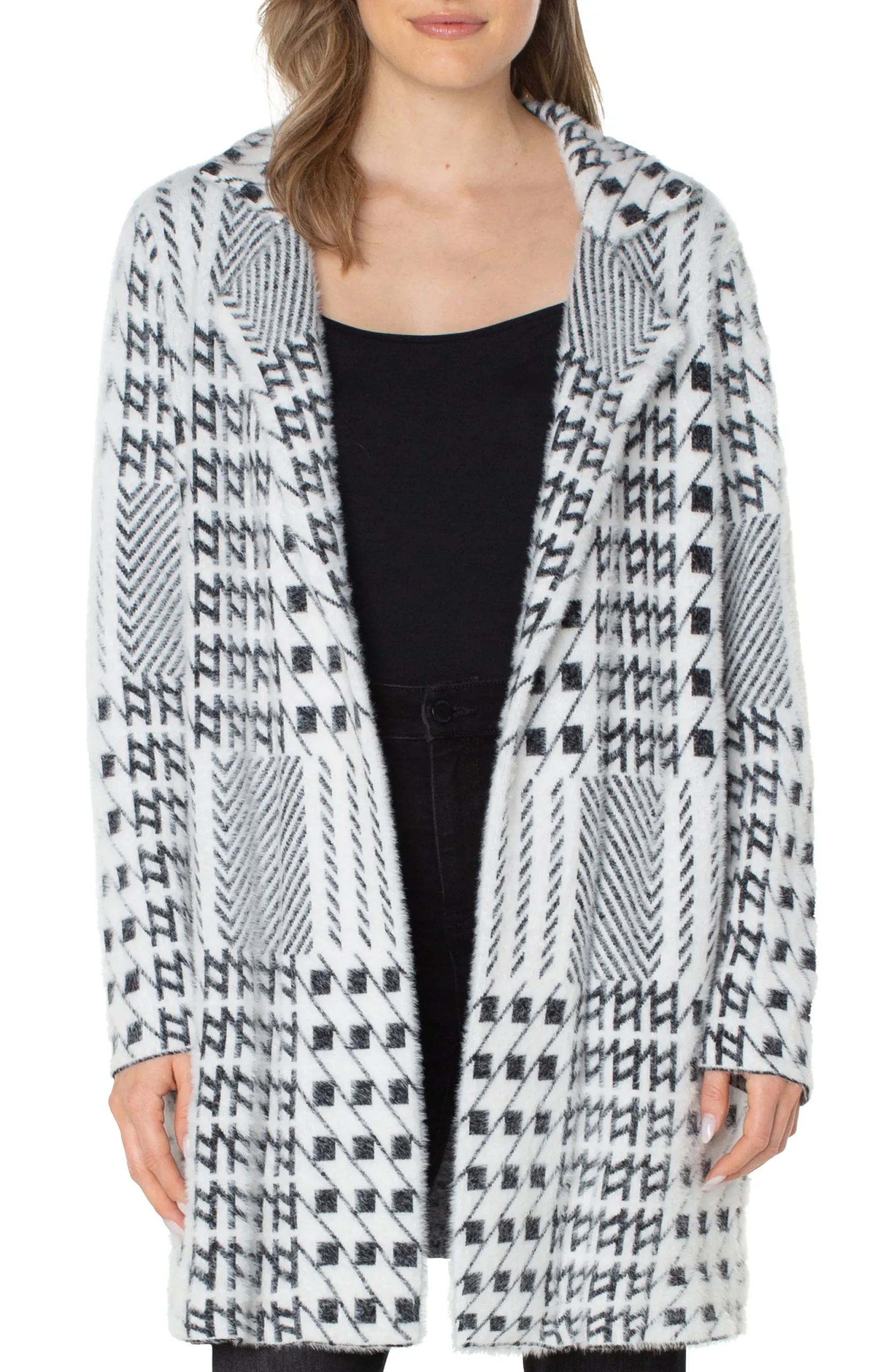 Coatigans-Liverpool Los Angeles OPEN FRONT COATIGAN SWEATER Blackwhitemixedplaid