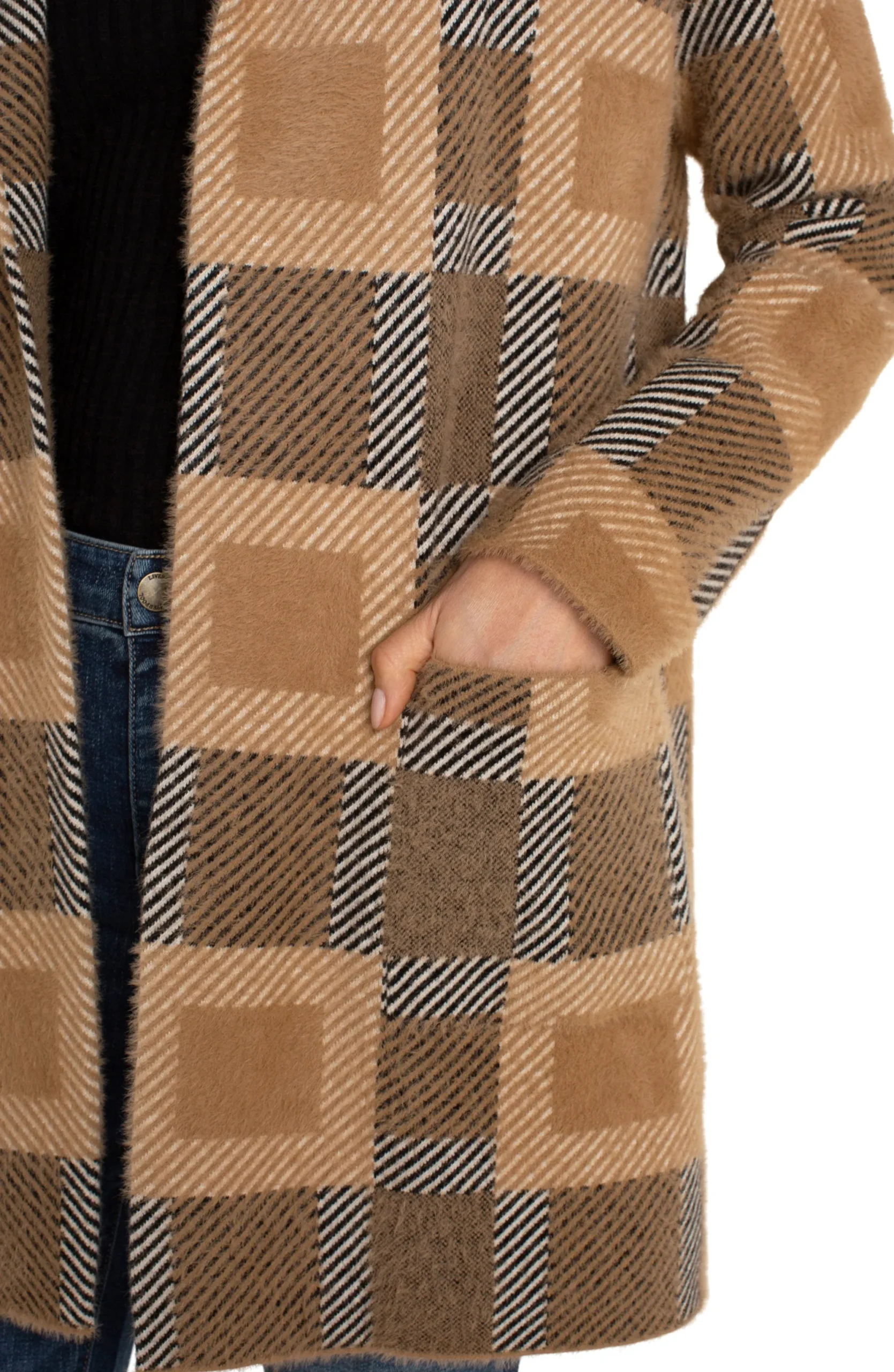 Coatigans-Liverpool Los Angeles OPEN FRONT COATIGAN SWEATER Camelcheck