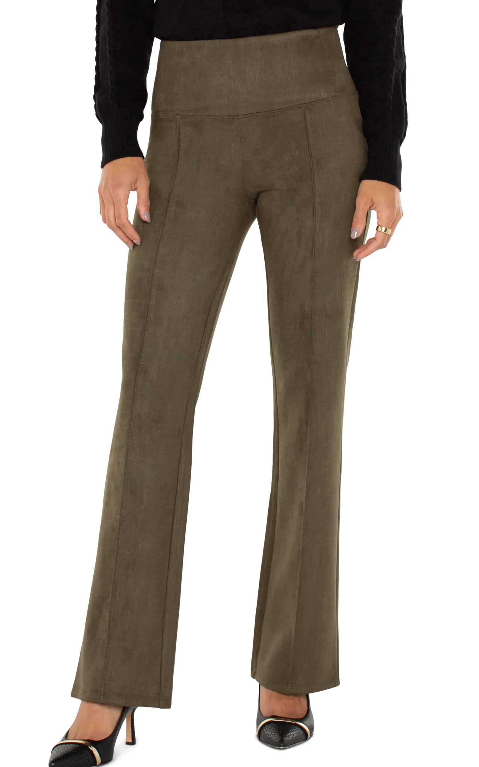 Pants|Knit Pull-On-Liverpool Los Angeles PEARL FULL LENGTH FLARE WITH PINTUCKS Olive