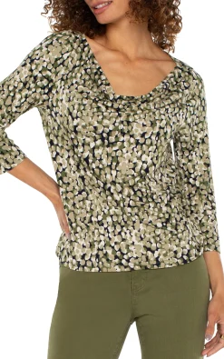 Tops-Liverpool Los Angeles PETITE 3/4 SLEEVE DRAPED NECK KNIT TOP Olivecamodot