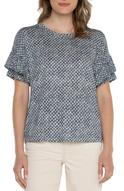 Tops-Liverpool Los Angeles PETITE 1/2 SLEEVE DROP SHOULDER WITH RUFFLE Navytextureddots