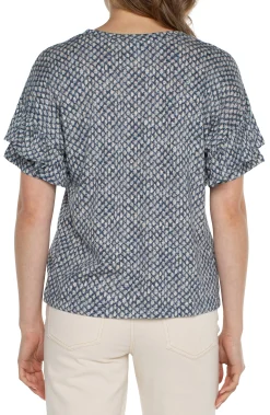 Tops-Liverpool Los Angeles PETITE 1/2 SLEEVE DROP SHOULDER WITH RUFFLE Navytextureddots