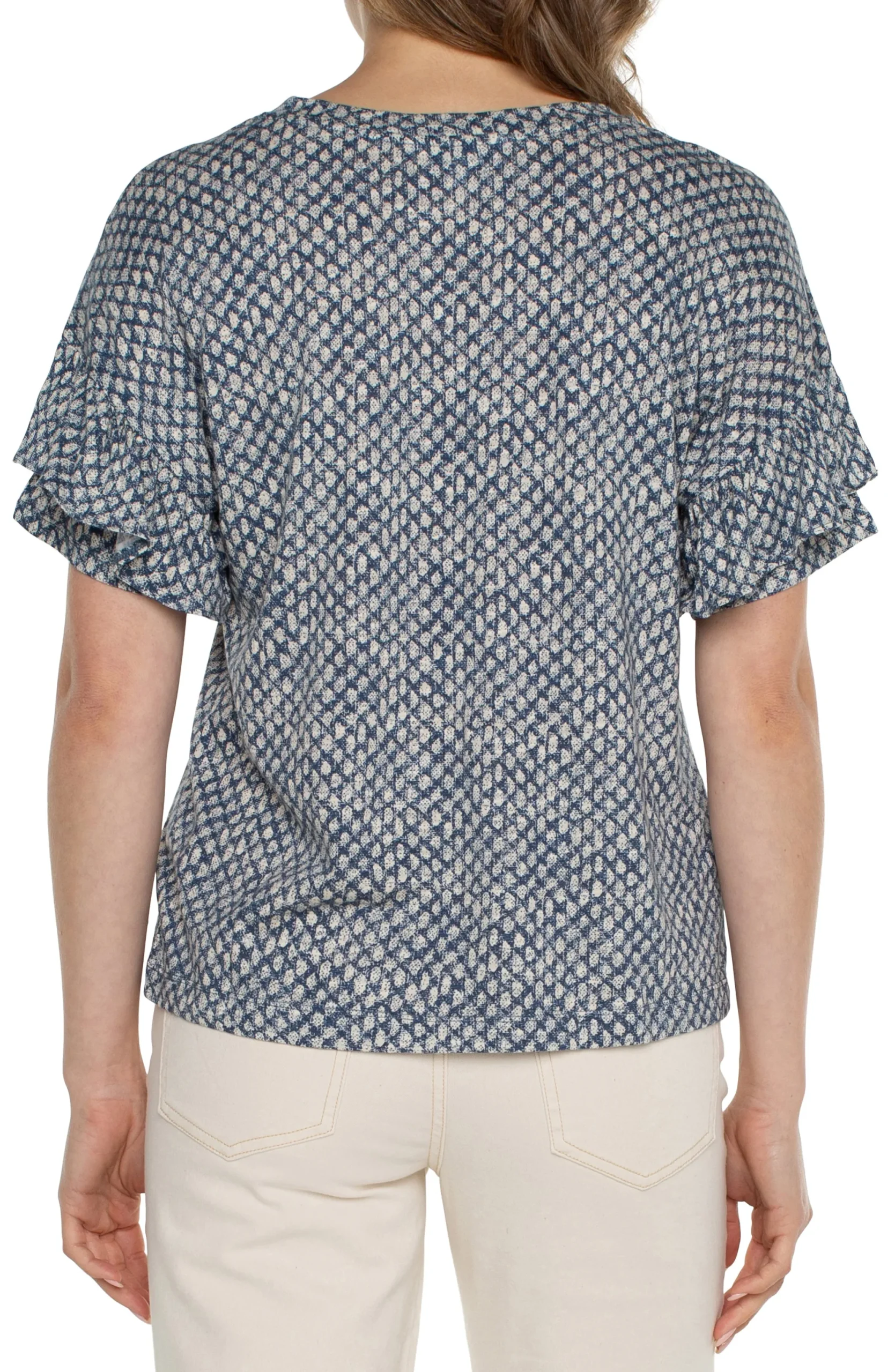 Tops-Liverpool Los Angeles PETITE 1/2 SLEEVE DROP SHOULDER WITH RUFFLE Navytextureddots