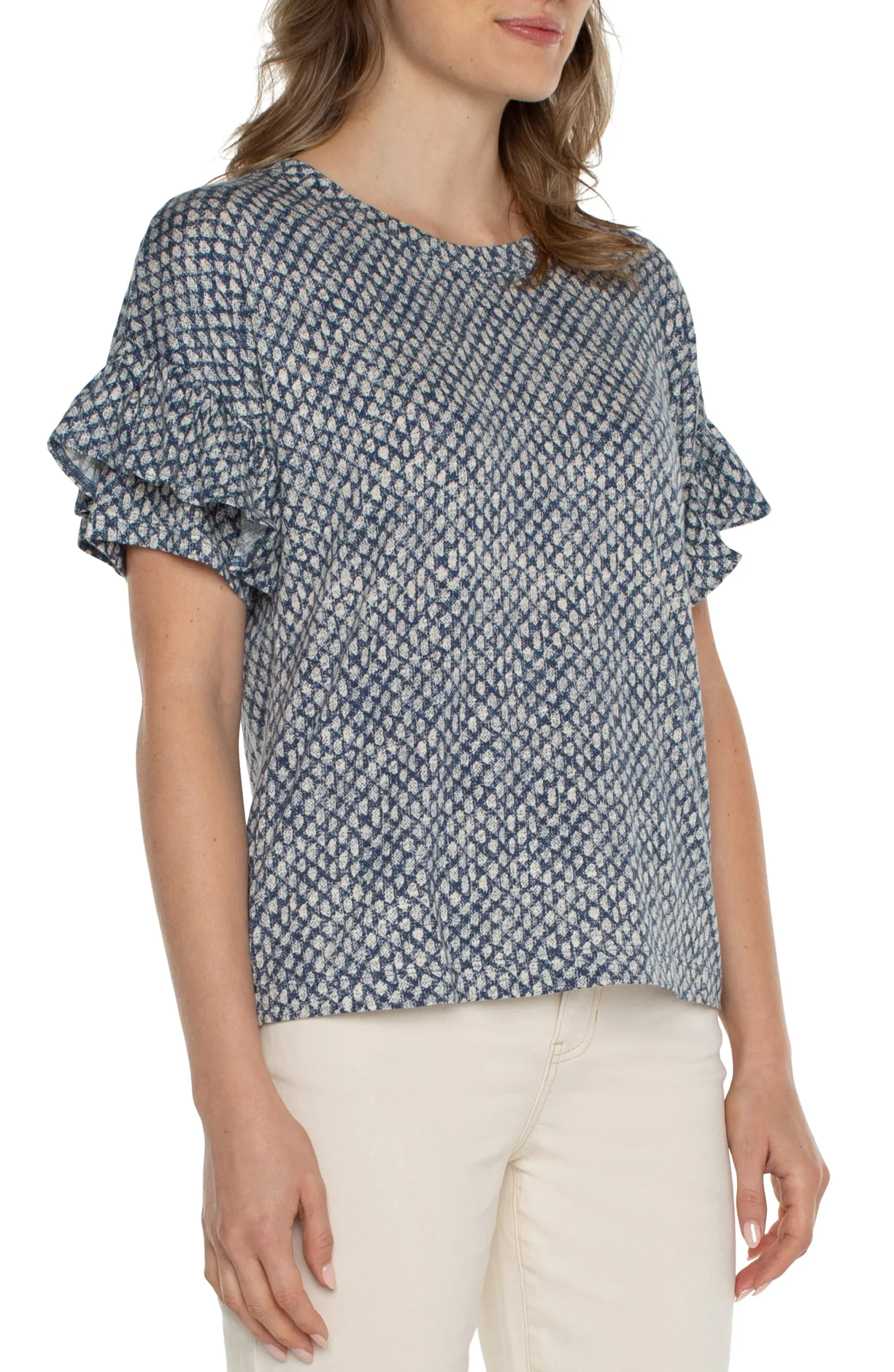 Tops-Liverpool Los Angeles PETITE 1/2 SLEEVE DROP SHOULDER WITH RUFFLE Navytextureddots
