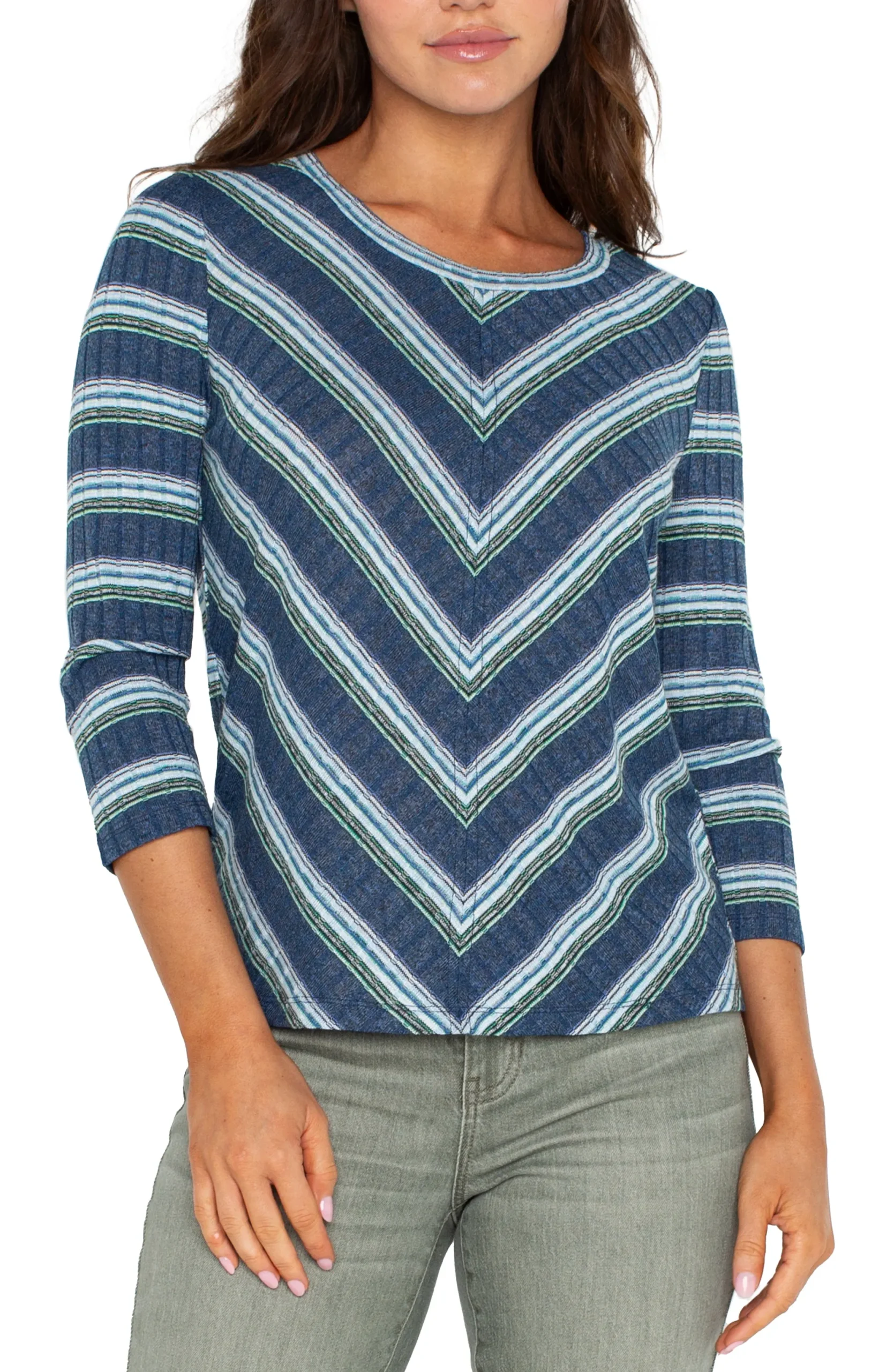 Tops-Liverpool Los Angeles PETITE 3/4 SLEEVE SCOOP NECK KNIT TOP Bluetealmultistripe