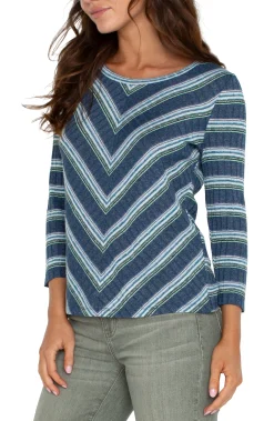 Tops-Liverpool Los Angeles PETITE 3/4 SLEEVE SCOOP NECK KNIT TOP Bluetealmultistripe