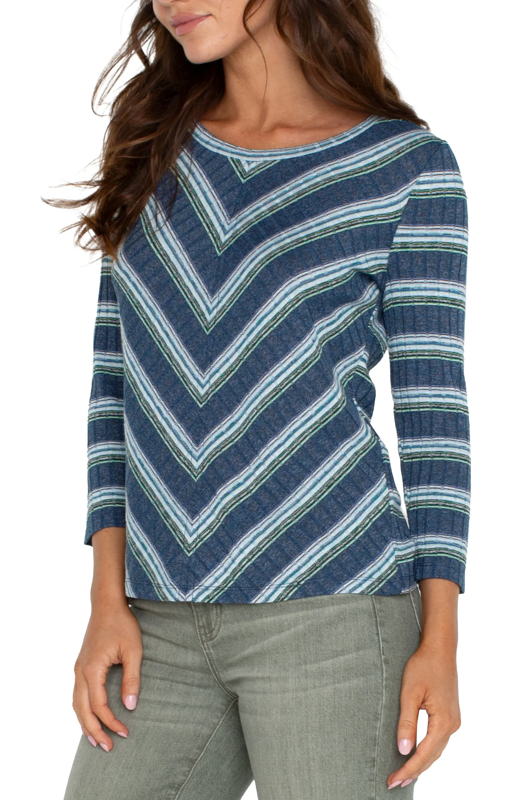 Tops-Liverpool Los Angeles PETITE 3/4 SLEEVE SCOOP NECK KNIT TOP Bluetealmultistripe