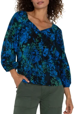 Tops-Liverpool Los Angeles PETITE 3/4 SLEEVE SWEETHEART NECK WOVEN BLOUSE Bluetopazmulti