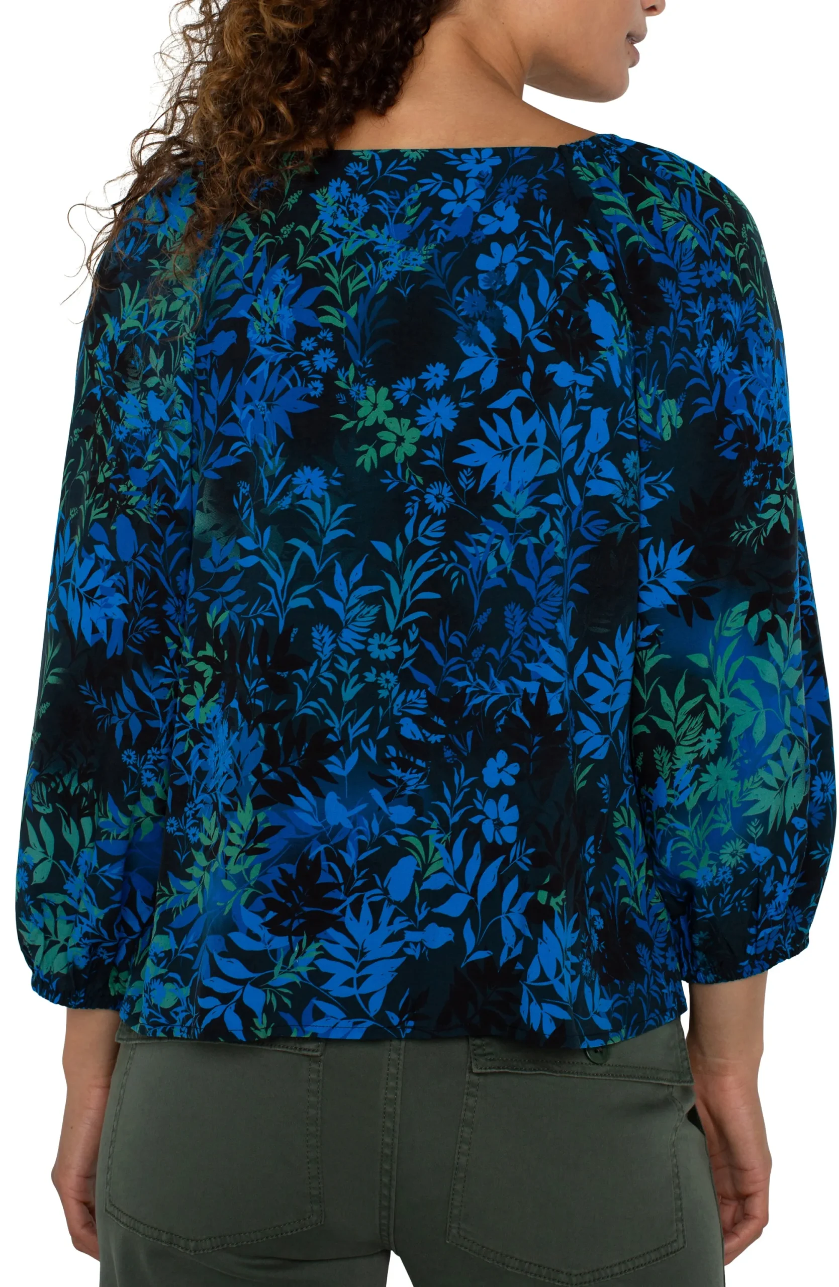 Tops-Liverpool Los Angeles PETITE 3/4 SLEEVE SWEETHEART NECK WOVEN BLOUSE Bluetopazmulti