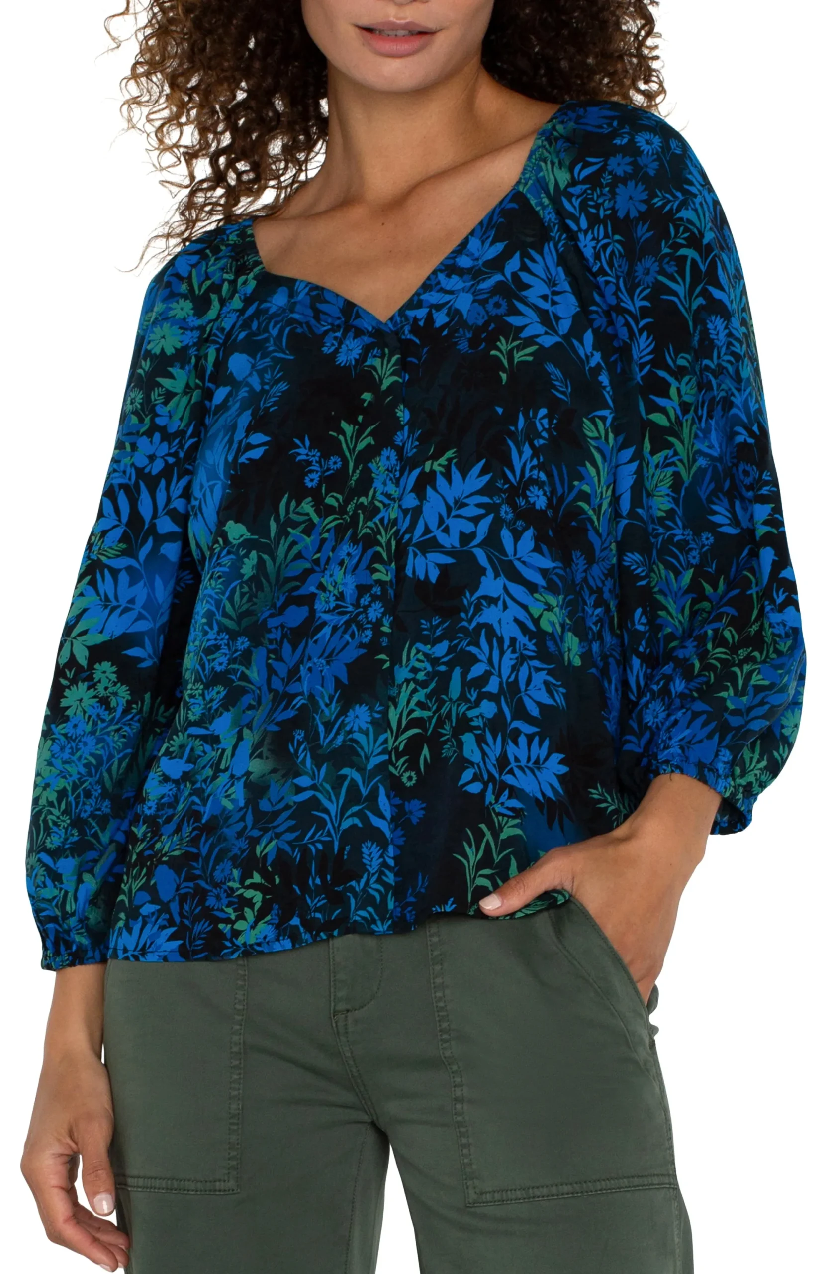 Tops-Liverpool Los Angeles PETITE 3/4 SLEEVE SWEETHEART NECK WOVEN BLOUSE Bluetopazmulti
