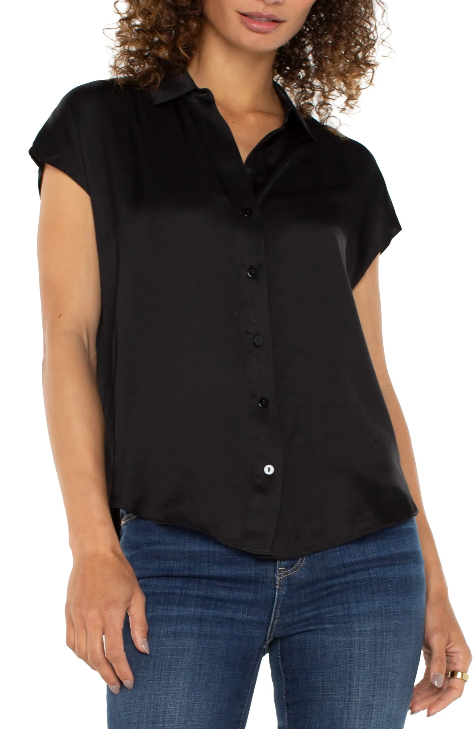 Tops-Liverpool Los Angeles PETITE BUTTON FRONT DOLMAN SLEEVE BLOUSE Black