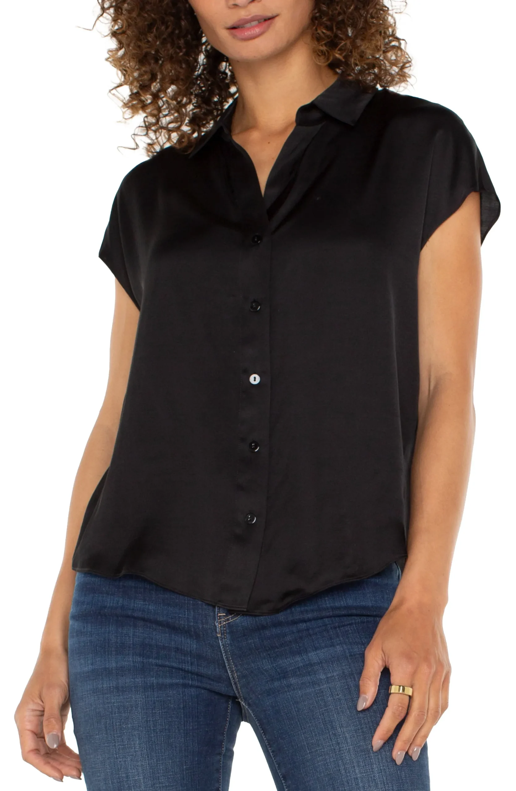 Tops-Liverpool Los Angeles PETITE BUTTON FRONT DOLMAN SLEEVE BLOUSE Black