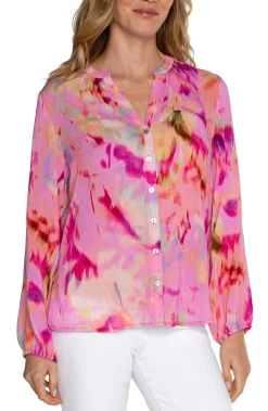 Tops-Liverpool Los Angeles PETITE BUTTON FRONT SHIRRED BLOUSE Fuchsiawatercolor