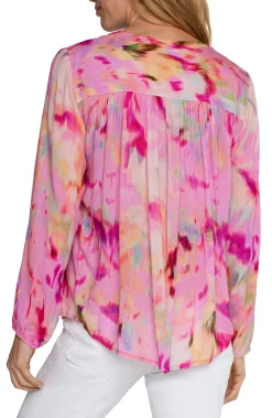 Tops-Liverpool Los Angeles PETITE BUTTON FRONT SHIRRED BLOUSE Fuchsiawatercolor