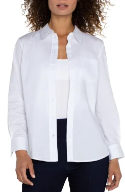 Tops-Liverpool Los Angeles PETITE CLASSIC BUTTON FRONT POPLIN SHIRT White