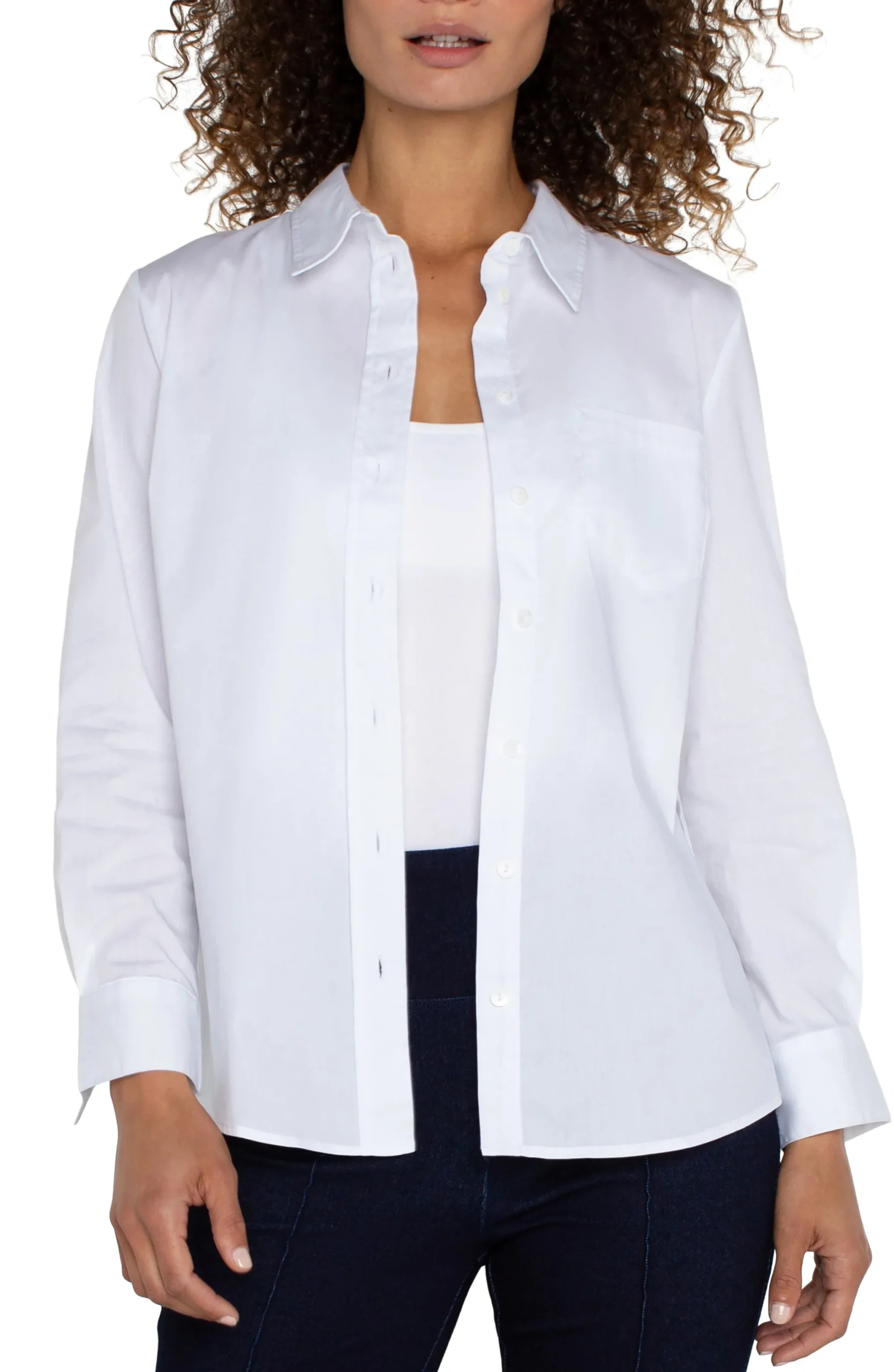 Tops-Liverpool Los Angeles PETITE CLASSIC BUTTON FRONT POPLIN SHIRT White