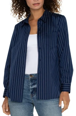 Tops-Liverpool Los Angeles PETITE CLASSIC BUTTON FRONT POPLIN SHIRT Navywhitepinstripe