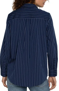 Tops-Liverpool Los Angeles PETITE CLASSIC BUTTON FRONT POPLIN SHIRT Navywhitepinstripe