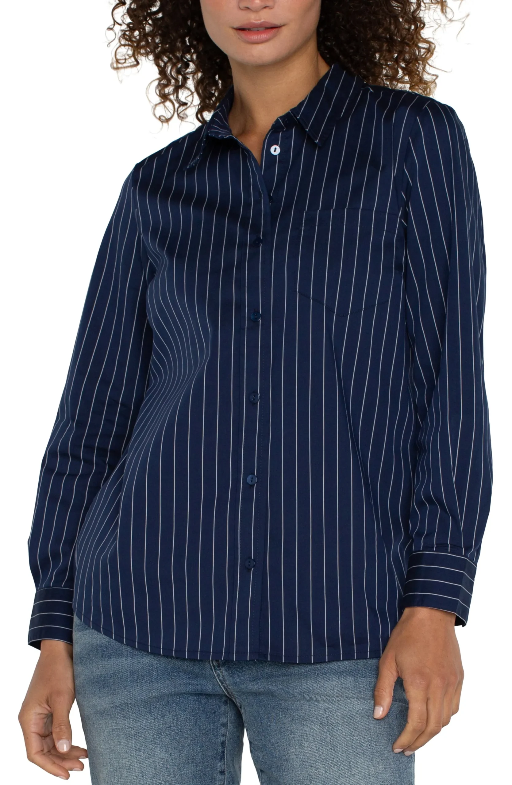 Tops-Liverpool Los Angeles PETITE CLASSIC BUTTON FRONT POPLIN SHIRT Navywhitepinstripe