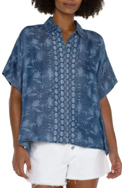 Tops-Liverpool Los Angeles PETITE COLLARED CAMP SHIRT Indigofloral