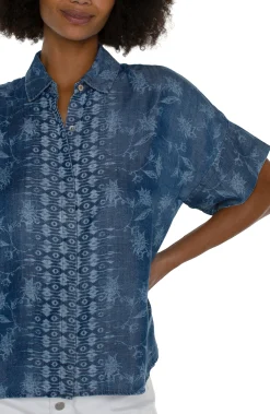 Tops-Liverpool Los Angeles PETITE COLLARED CAMP SHIRT Indigofloral