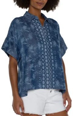 Tops-Liverpool Los Angeles PETITE COLLARED CAMP SHIRT Indigofloral