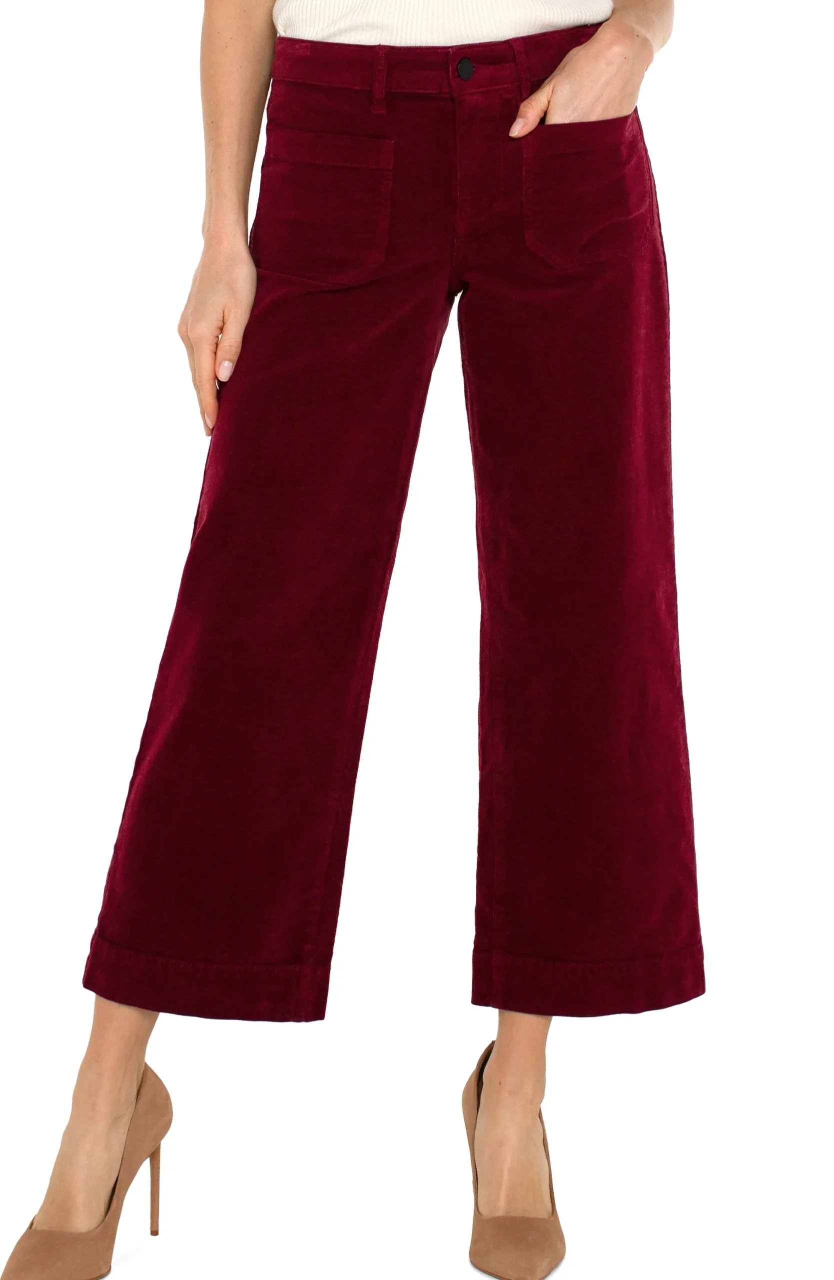 Pants-Liverpool Los Angeles PETITE CORDUROY CROP WIDE LEG Ruby