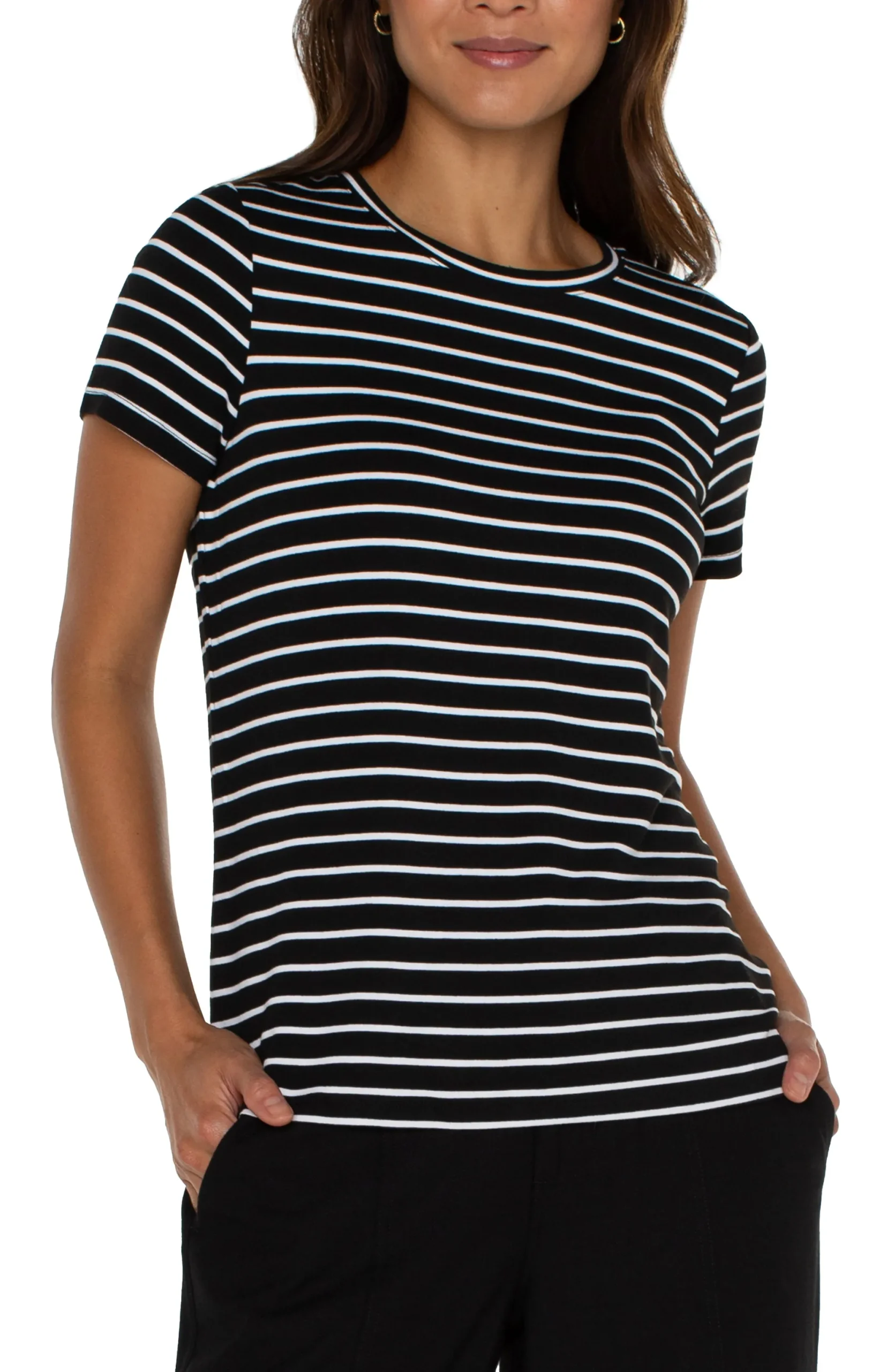 Tops-Liverpool Los Angeles PETITE CREW NECK KNIT TEE Blackwhitestripe
