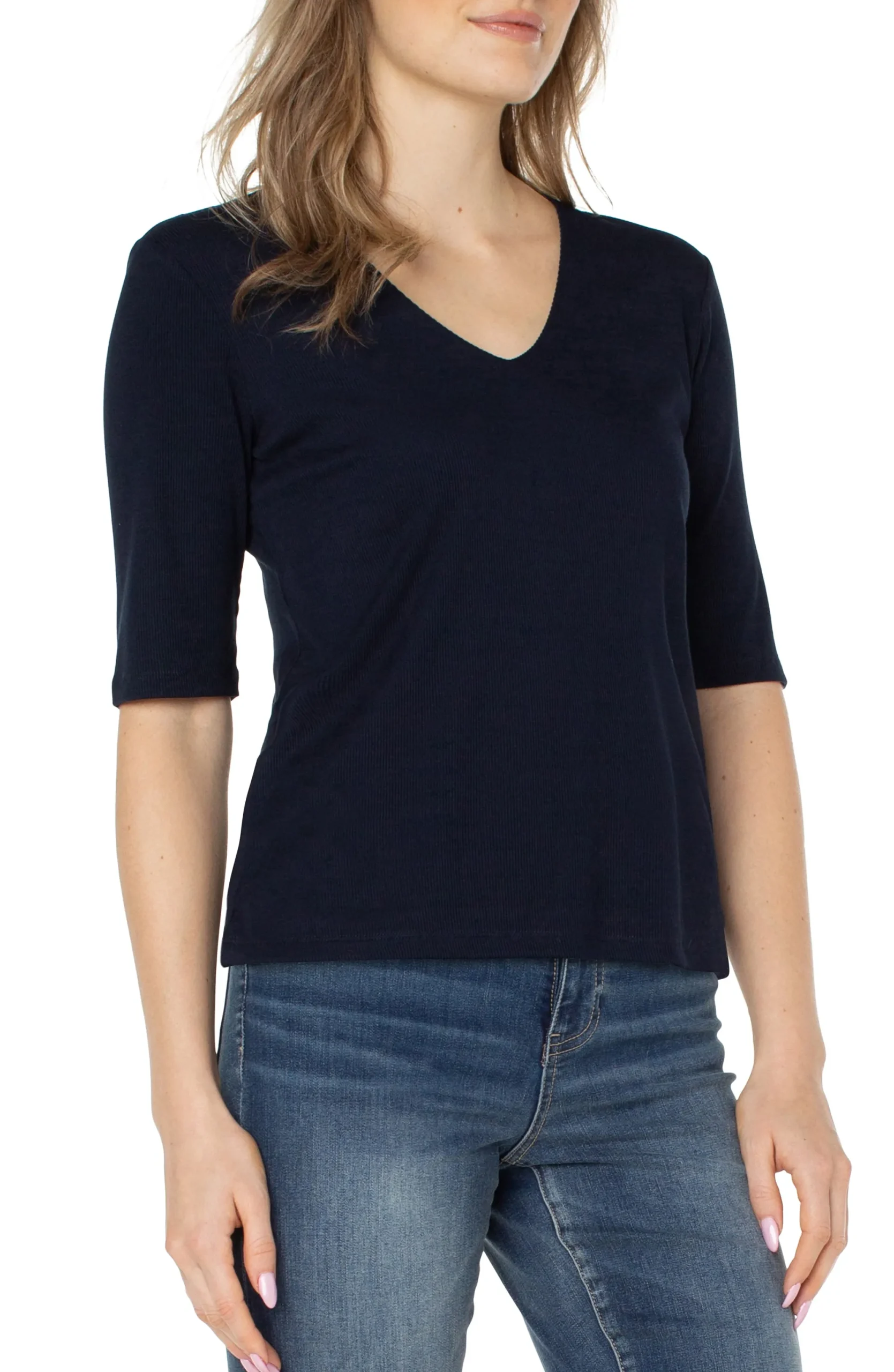 Tops-Liverpool Los Angeles PETITE DOUBLE LAYER V-NECK RIB KNIT TOP Darknavy