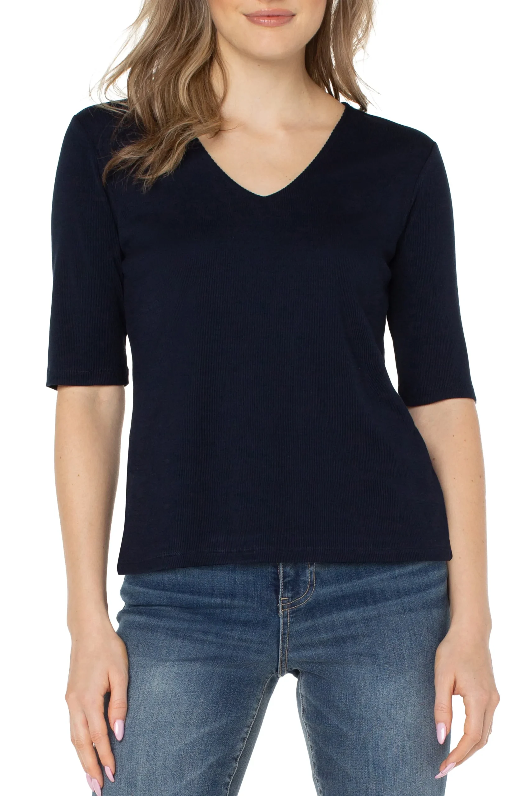 Tops-Liverpool Los Angeles PETITE DOUBLE LAYER V-NECK RIB KNIT TOP Darknavy