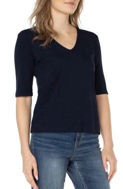 Tops-Liverpool Los Angeles PETITE DOUBLE LAYER V-NECK RIB KNIT TOP Darknavy
