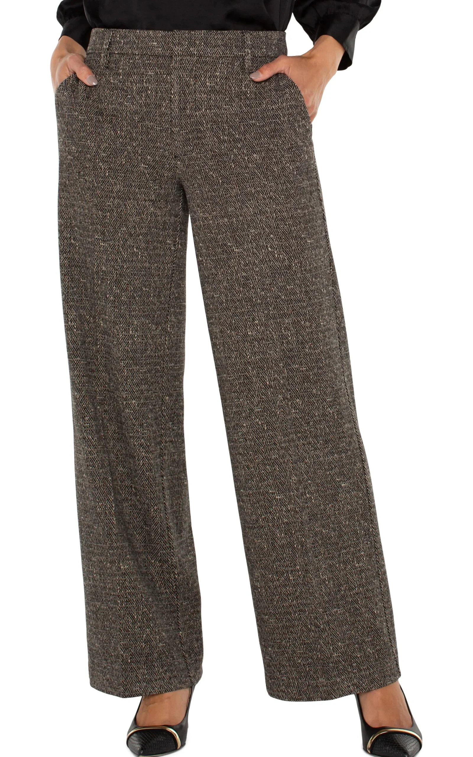 Pants-Liverpool Los Angeles PETITE KELSEY WIDE LEG TROUSER Blacktanherringbone