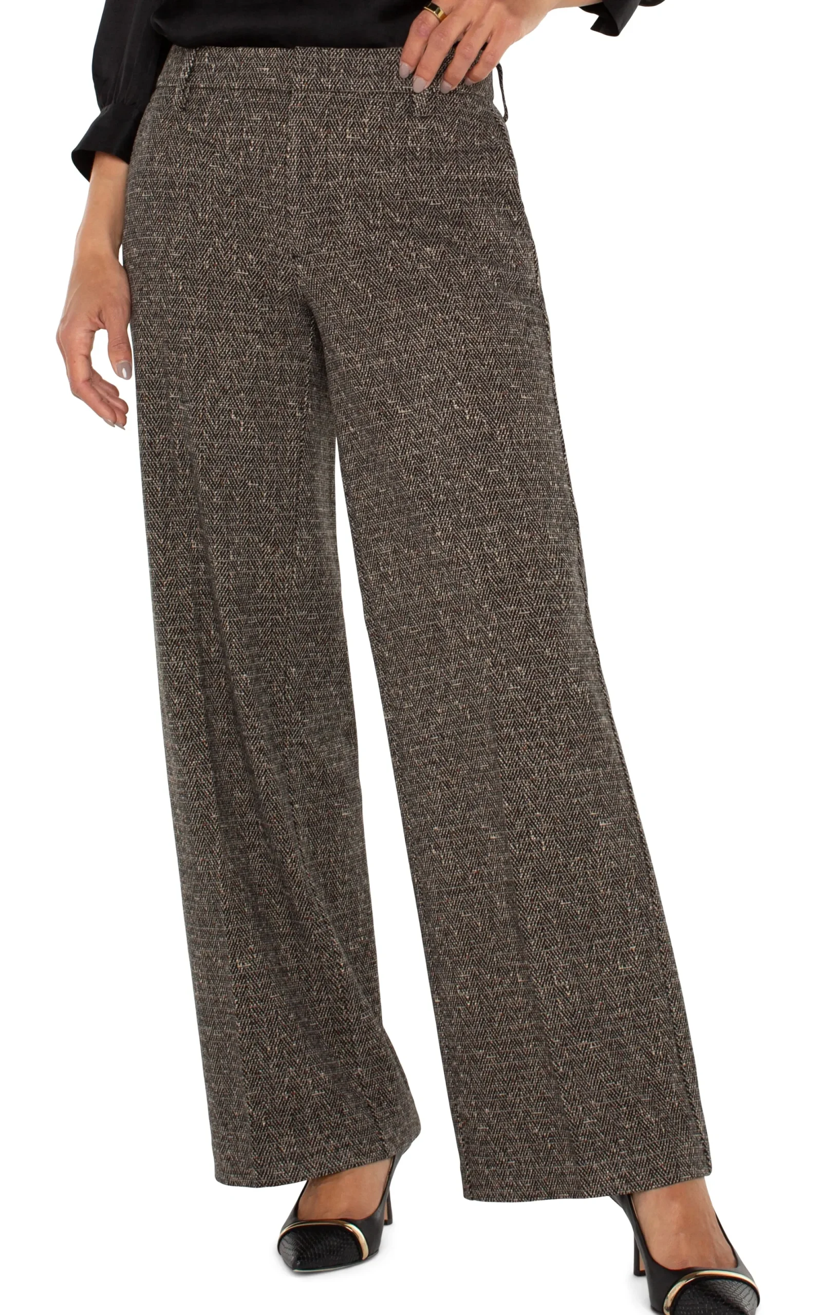 Pants-Liverpool Los Angeles PETITE KELSEY WIDE LEG TROUSER Blacktanherringbone