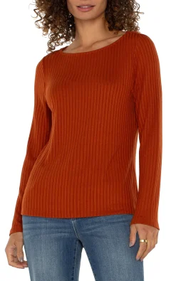 Tops-Liverpool Los Angeles PETITE LONG SLEEVE BOAT NECK KNIT TOP Cedar