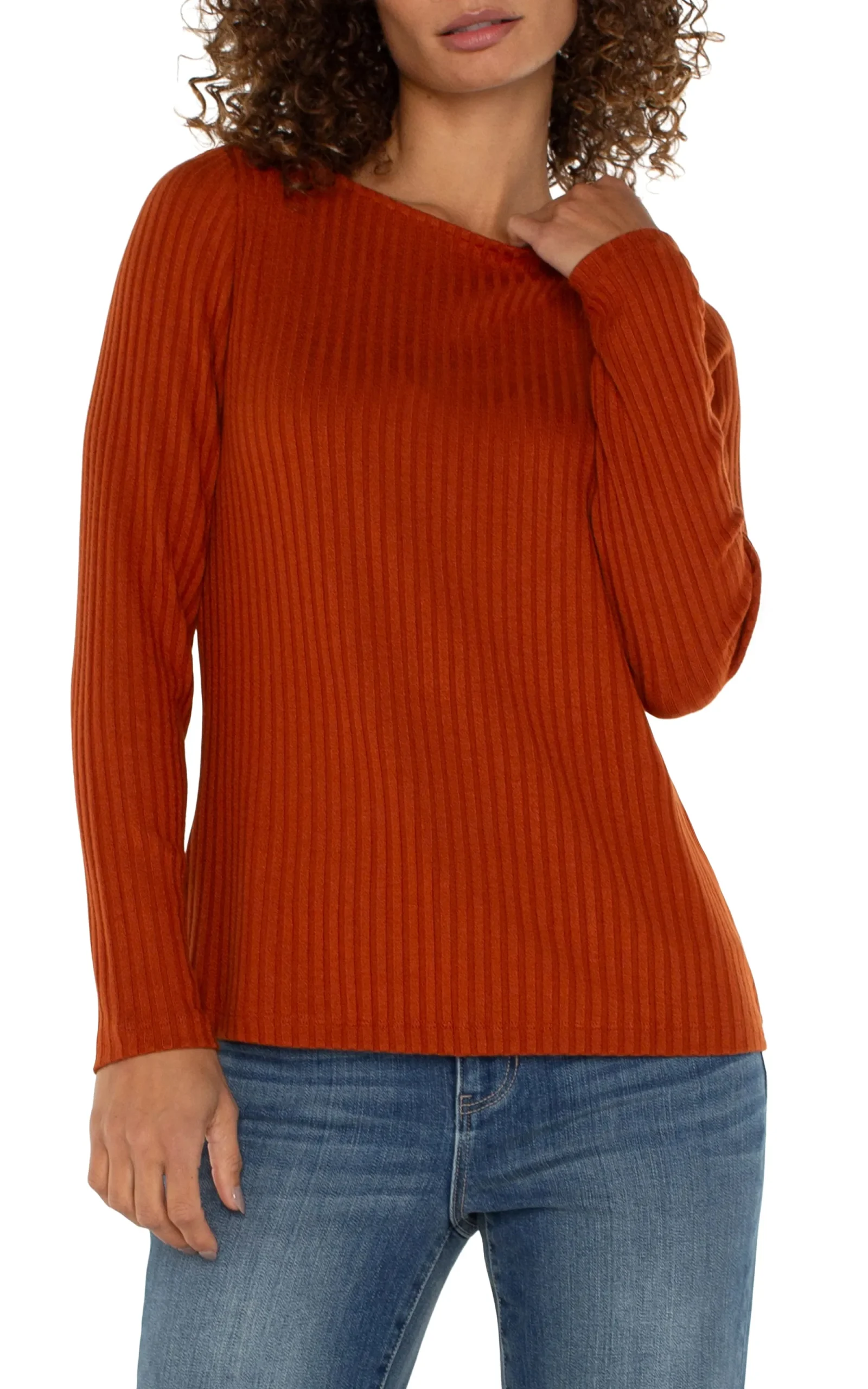 Tops-Liverpool Los Angeles PETITE LONG SLEEVE BOAT NECK KNIT TOP Cedar