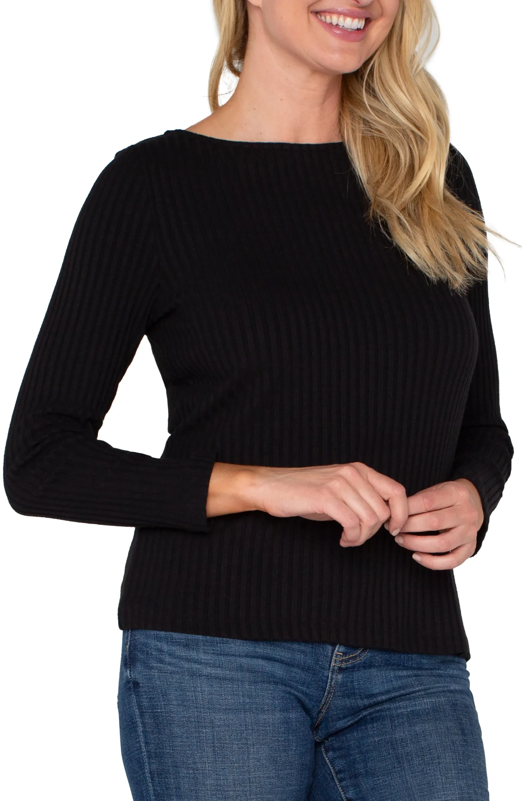 Tops-Liverpool Los Angeles PETITE LONG SLEEVE BOAT NECK KNIT TOP Black