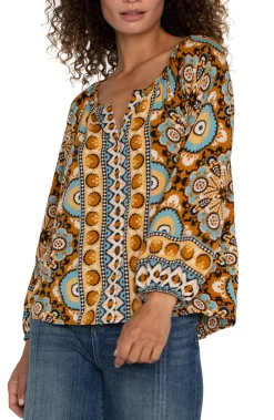 Tops-Liverpool Los Angeles PETITE LONG SLEEVE BUTTON FRONT WOVEN BLOUSE Oceanjaspermulti