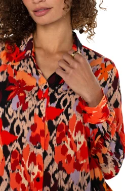 Tops-Liverpool Los Angeles PETITE LONG SLEEVE BUTTON UP WOVEN BLOUSE Burntorangefloral